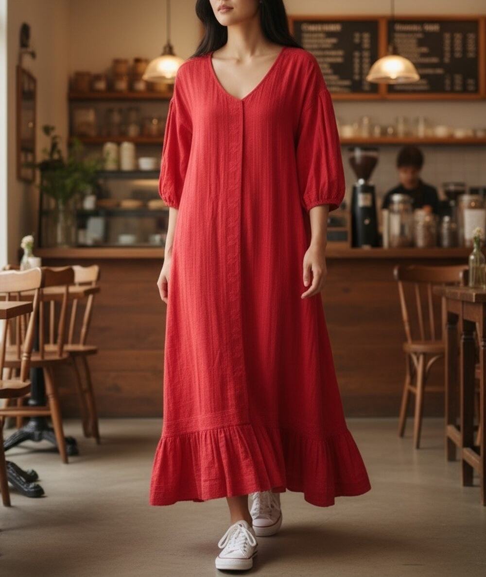 MIRTH Handmade Edition Red Caftan Lagonlook Bohemian Cottage Midi Dress Sz S
